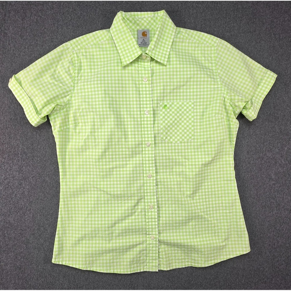 Carhartt‎ Women's Short Sleeve Button-Down Shirt XL Green Gingham Plaid Workwear